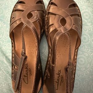 Clarks Brown Leather Cutout Slingback Sandals